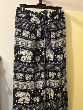Thai Elephant Print Overlayer Wrap Skirt Boho Palazzo Wrap Waist Wide Leg Pants